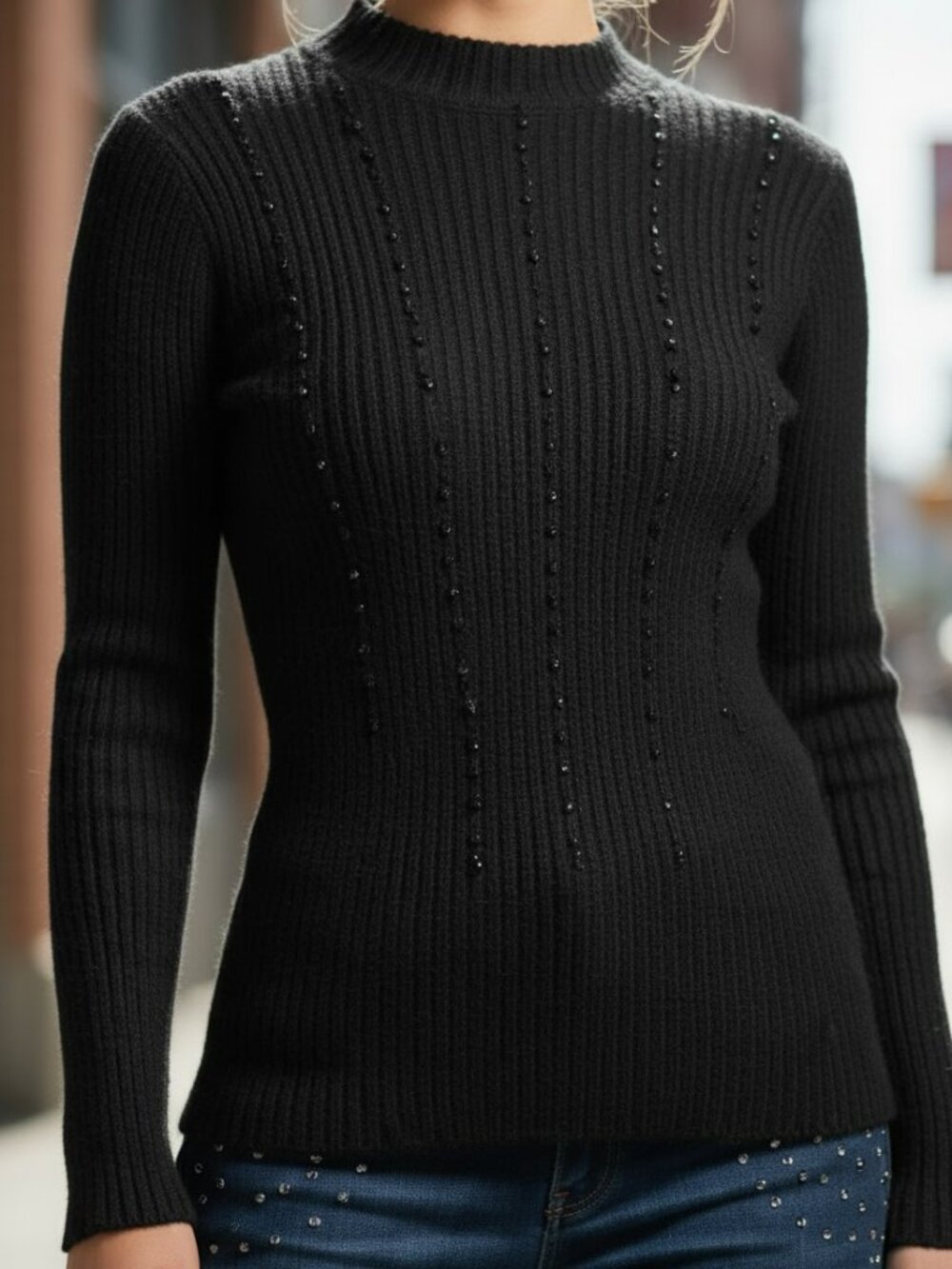 Alfani Black Ribbed Beaded Turtleneck Sweater Mock Neck Knit Top Small